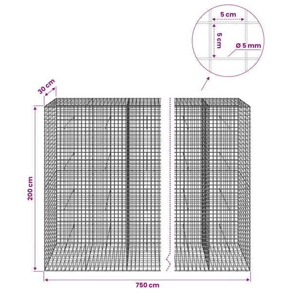 Gabion 5 mm langasta ja 5x5 cm verkosta 750x30x200 cm