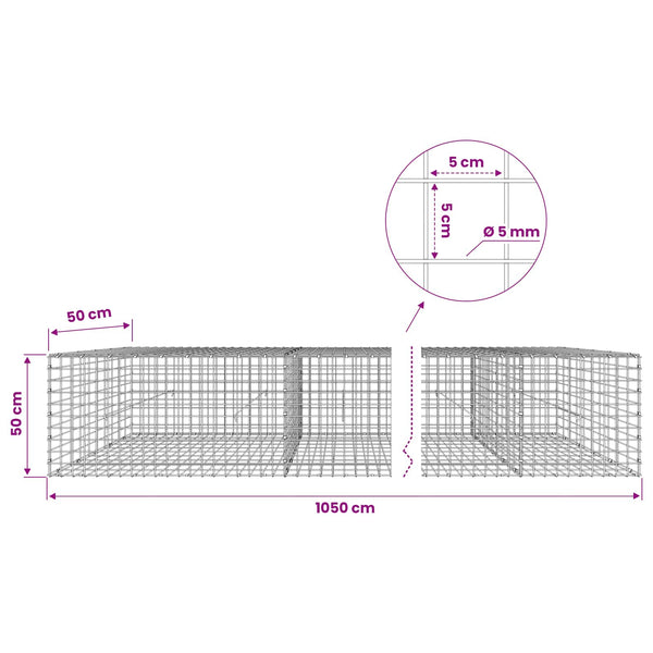 Gabion 5 mm langasta ja 5x5 cm verkosta 1050x50x50 cm