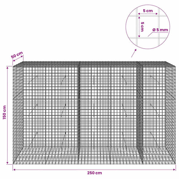 Gabion 5 mm langasta ja 5x5 cm verkosta 250x50x150 cm