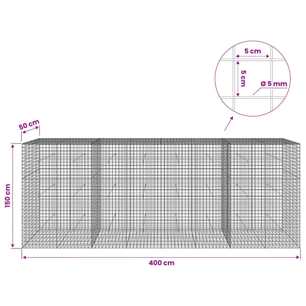 Gabion 5 mm langasta ja 5x5 cm verkosta 400x50x150 cm