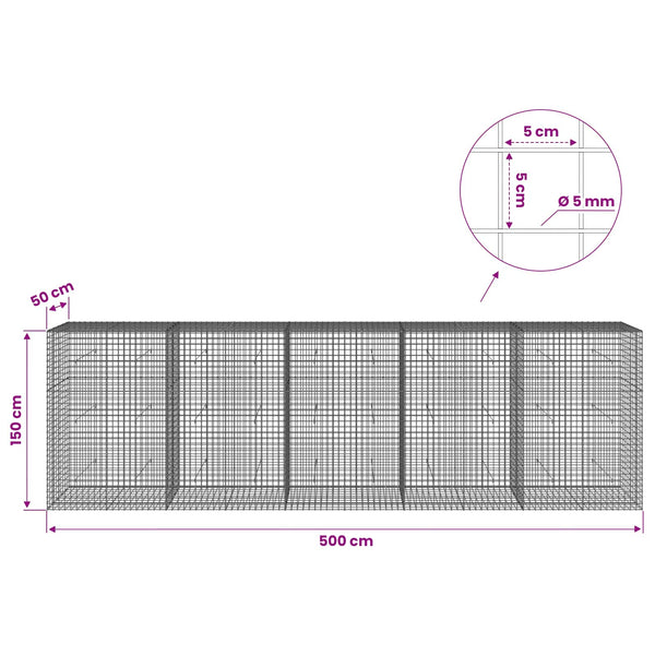 Gabion 5 mm langasta ja 5x5 cm verkosta 500x50x150 cm