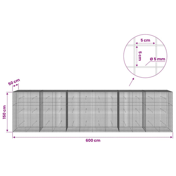 Gabion 5 mm langasta ja 5x5 cm verkosta 600x50x150 cm