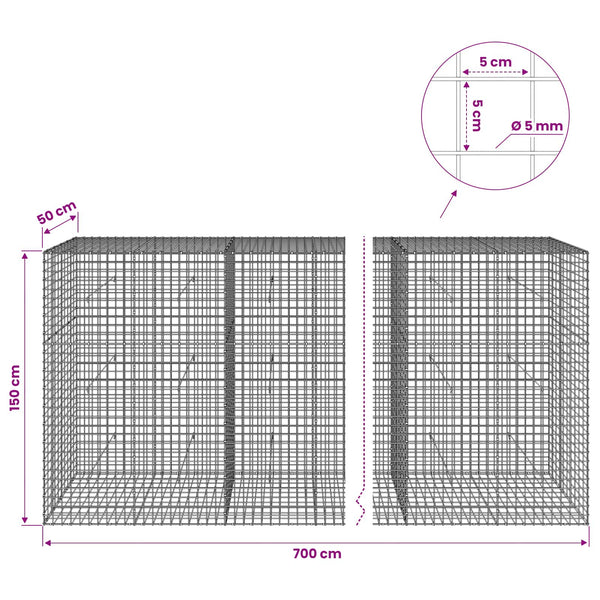 Gabion 5 mm langasta ja 5x5 cm verkosta 700x50x150 cm