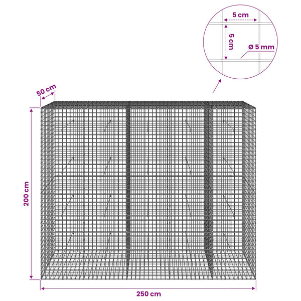Gabion 5 mm langasta ja 5x5 cm verkosta 250x50x200 cm