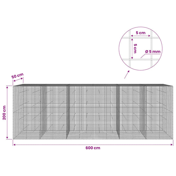 Gabion 5 mm langasta ja 5x5 cm verkosta 600x50x200 cm