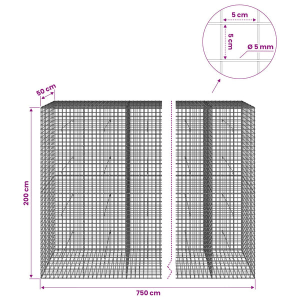 Gabion 5 mm langasta ja 5x5 cm verkosta 750x50x200 cm