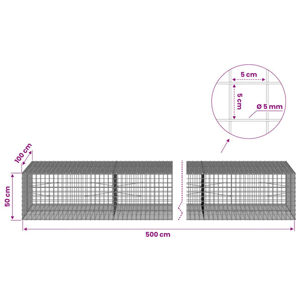 Gabion 5 mm langasta ja 5x5 cm verkosta 500x100x50 cm