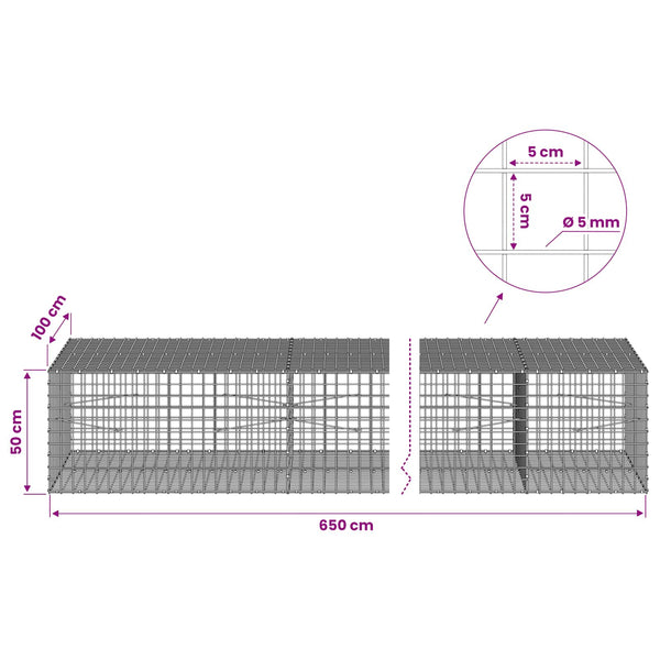 Gabion 5 mm langasta ja 5x5 cm verkosta 650x100x50 cm