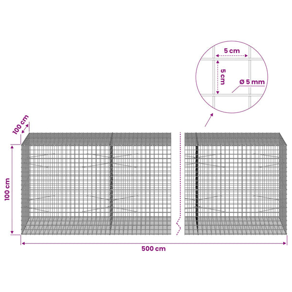 Gabion 5 mm langasta ja 5x5 cm verkosta 500x100x100 cm
