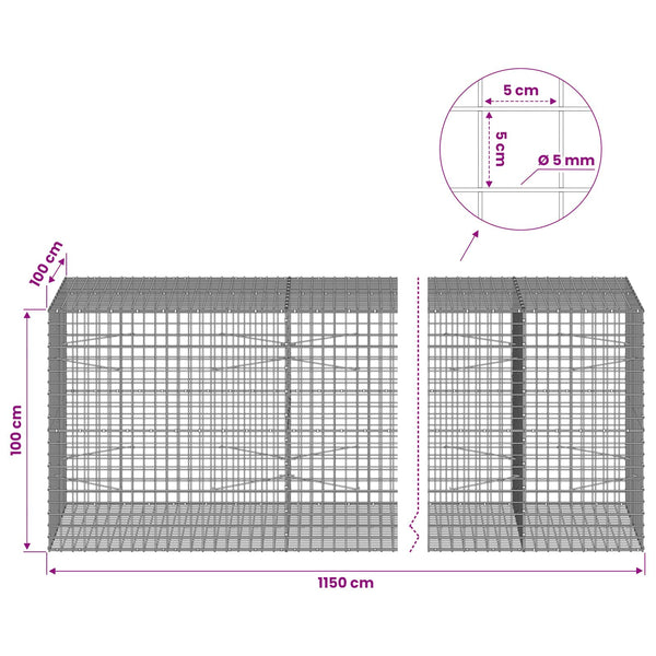 Gabion 5 mm langasta ja 5x5 cm verkosta 1150x100x100 cm