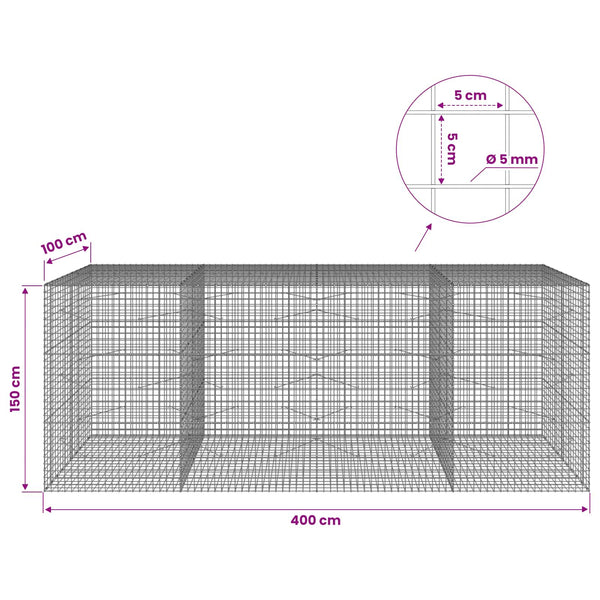 Gabion 5 mm langasta ja 5x5 cm verkosta 400x100x150 cm