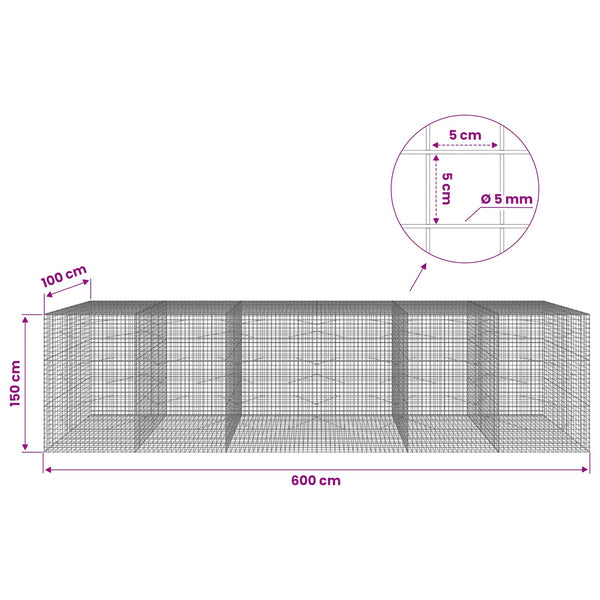 Gabion 5 mm langasta ja 5x5 cm verkosta 600x100x150 cm