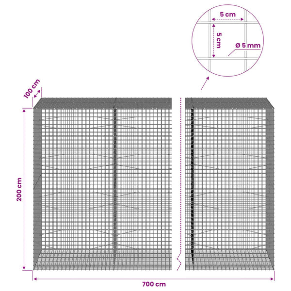 Gabion 5 mm langasta ja 5x5 cm verkosta 700x100x200 cm
