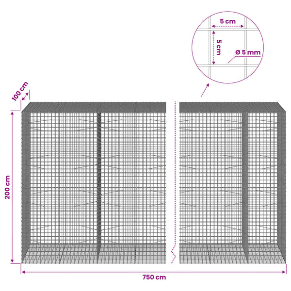Gabion 5 mm langasta ja 5x5 cm verkosta 750x100x200 cm