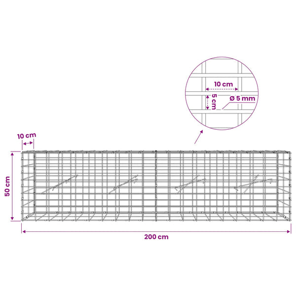 Gabion 5 mm langasta ja 5x10 cm verkosta 200x10x50 cm