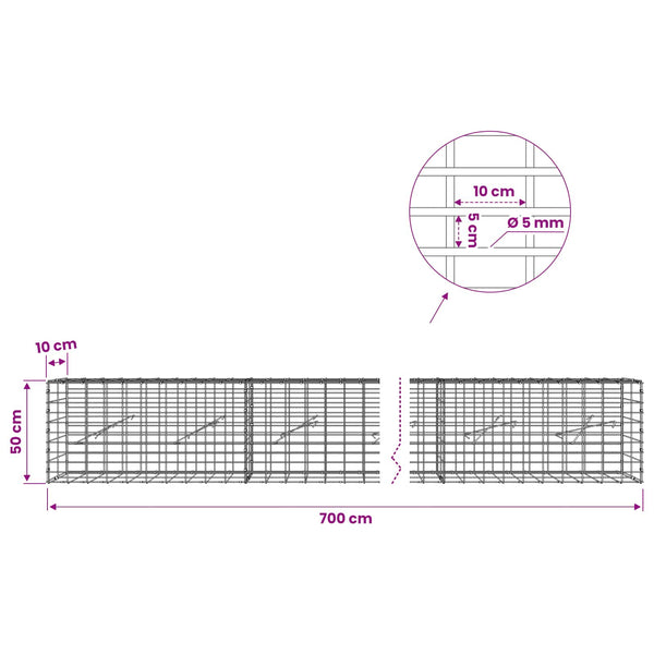 Gabion 5 mm langasta ja 5x10 cm verkosta 700x10x50 cm