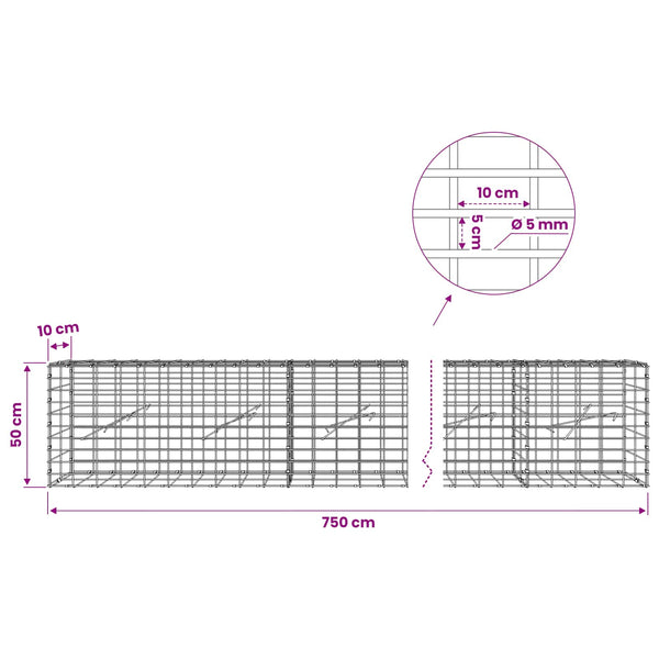 Gabion 5 mm langasta ja 5x10 cm verkosta 750x10x50 cm