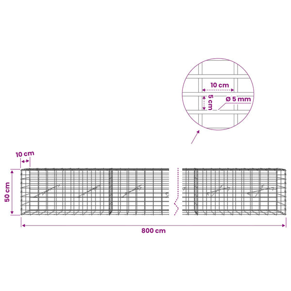 Gabion 5 mm langasta ja 5x10 cm verkosta 800x10x50 cm