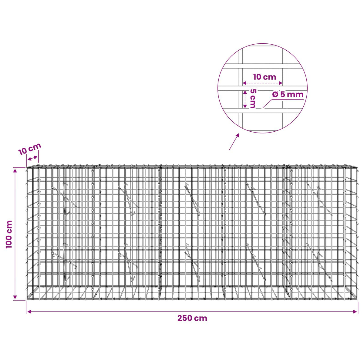Gabion 5 mm langasta ja 5x10 cm verkosta 250x10x100 cm