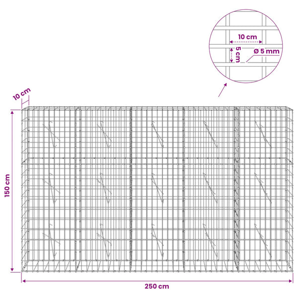 Gabion 5 mm langasta ja 5x10 cm verkosta 250x10x150 cm