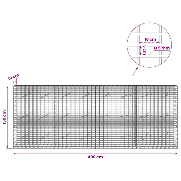 Gabion 5 mm langasta ja 5x10 cm verkosta 400x10x150 cm