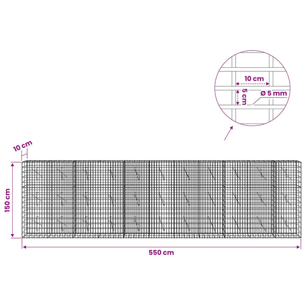 Gabion 5 mm langasta ja 5x10 cm verkosta 550x10x150 cm