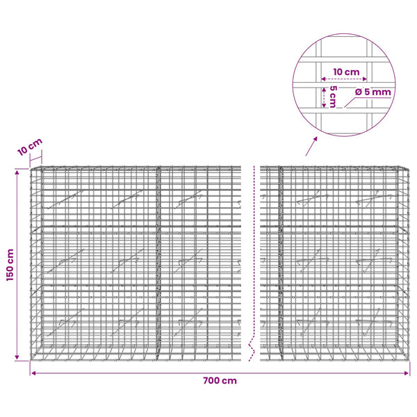 Gabion 5 mm langasta ja 5x10 cm verkosta 700x10x150 cm