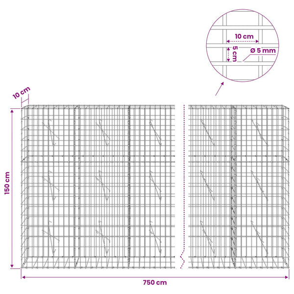 Gabion 5 mm langasta ja 5x10 cm verkosta 750x10x150 cm