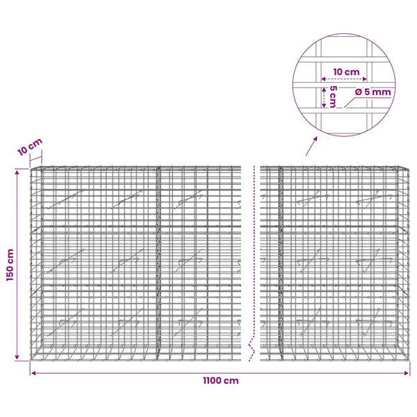Gabion 5 mm langasta ja 5x10 cm verkosta 1100x10x150 cm