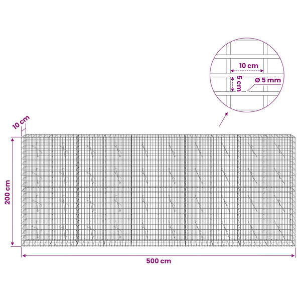 Gabion 5 mm langasta ja 5x10 cm verkosta 500x10x200 cm