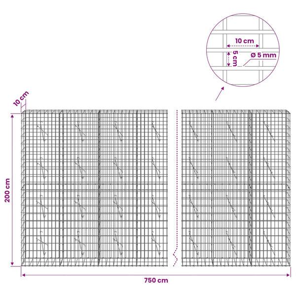 Gabion 5 mm langasta ja 5x10 cm verkosta 750x10x200 cm