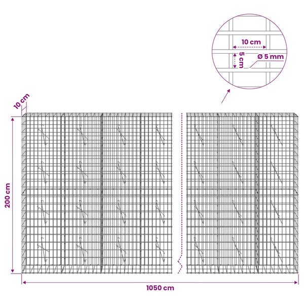 Gabion 5 mm langasta ja 5x10 cm verkosta 1050x10x200 cm