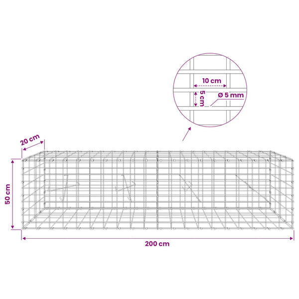 Gabion 5 mm langasta ja 5x10 cm verkosta 200x20x50 cm