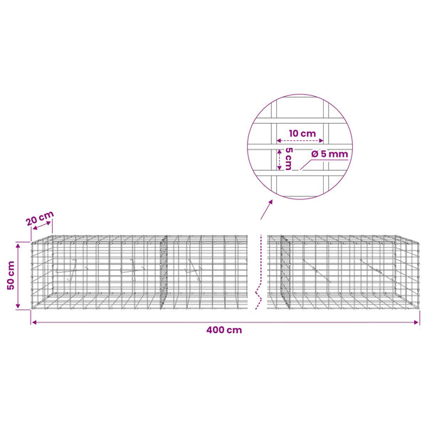 Gabion 5 mm langasta ja 5x10 cm verkosta 400x20x50 cm