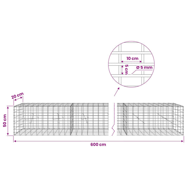 Gabion 5 mm langasta ja 5x10 cm verkosta 600x20x50 cm