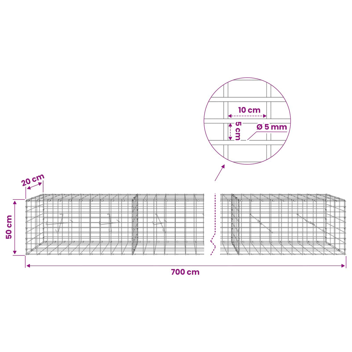 Gabion 5 mm langasta ja 5x10 cm verkosta 700x20x50 cm