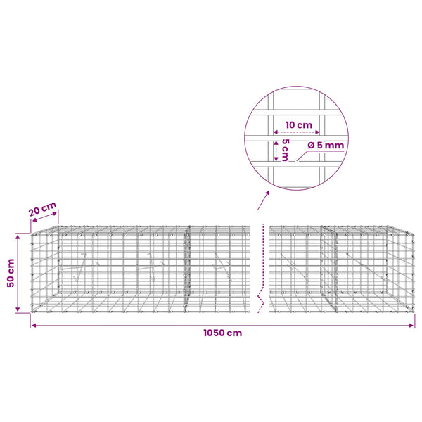 Gabion 5 mm langasta ja 5x10 cm verkosta 1050x20x50 cm