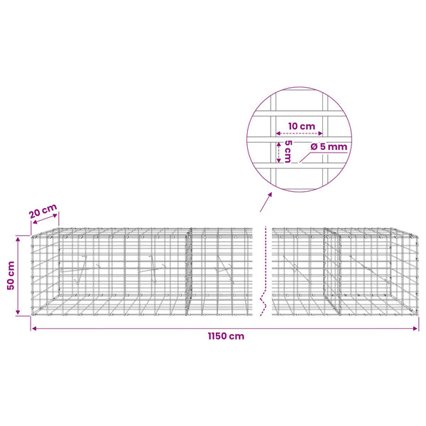 Gabion 5 mm langasta ja 5x10 cm verkosta 1150x20x50 cm