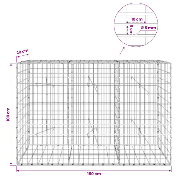 Gabion 5 mm langasta ja 5x10 cm verkosta 150x20x100 cm