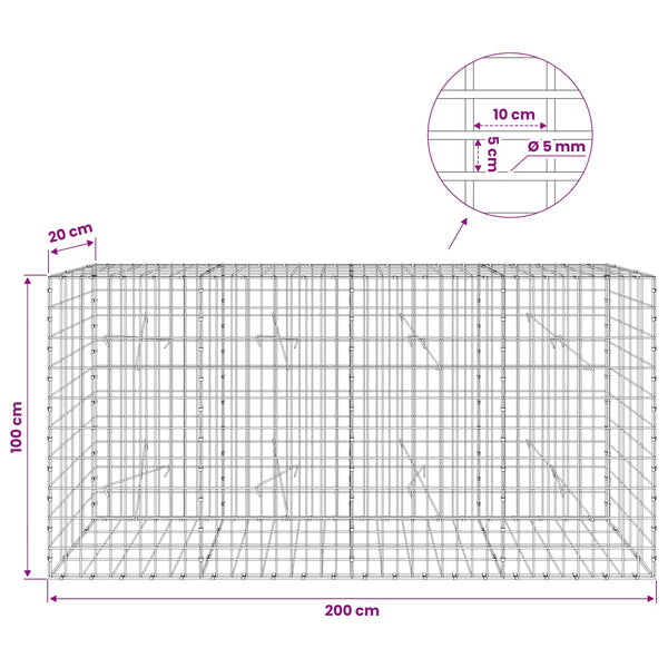 Gabion 5 mm langasta ja 5x10 cm verkosta 200x20x100 cm