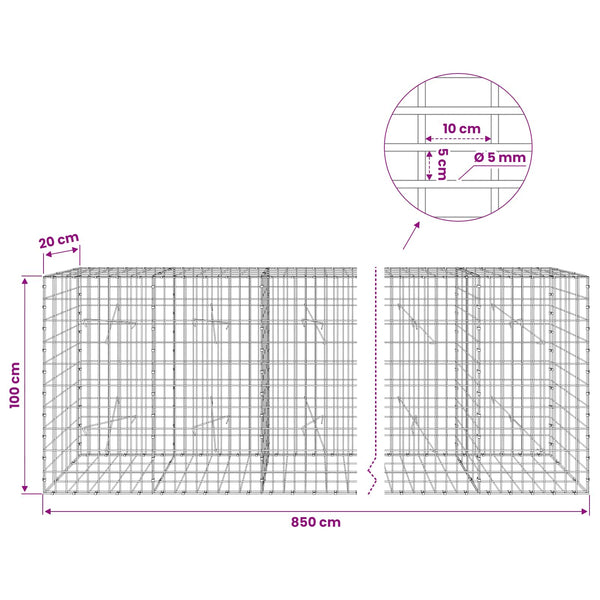 Gabion 5 mm langasta ja 5x10 cm verkosta 850x20x100 cm