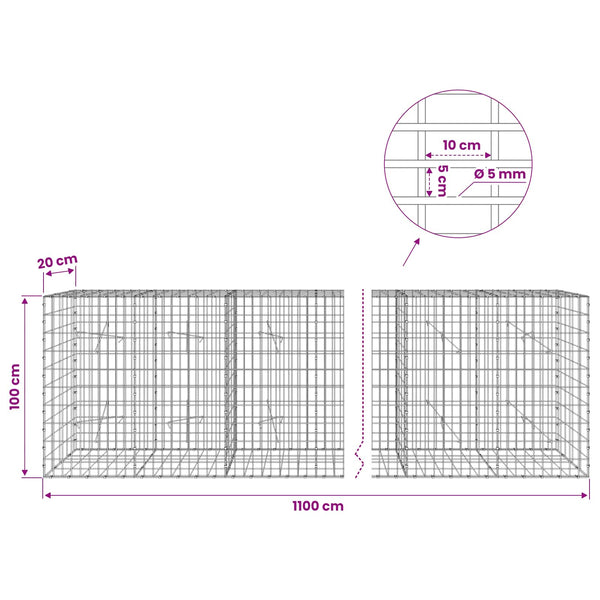 Gabion 5 mm langasta ja 5x10 cm verkosta 1100x20x100 cm
