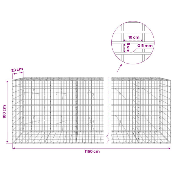 Gabion 5 mm langasta ja 5x10 cm verkosta 1150x20x100 cm