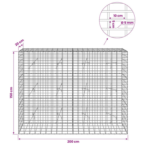 Gabion 5 mm langasta ja 5x10 cm verkosta 200x20x150 cm