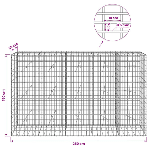 Gabion 5 mm langasta ja 5x10 cm verkosta 250x20x150 cm