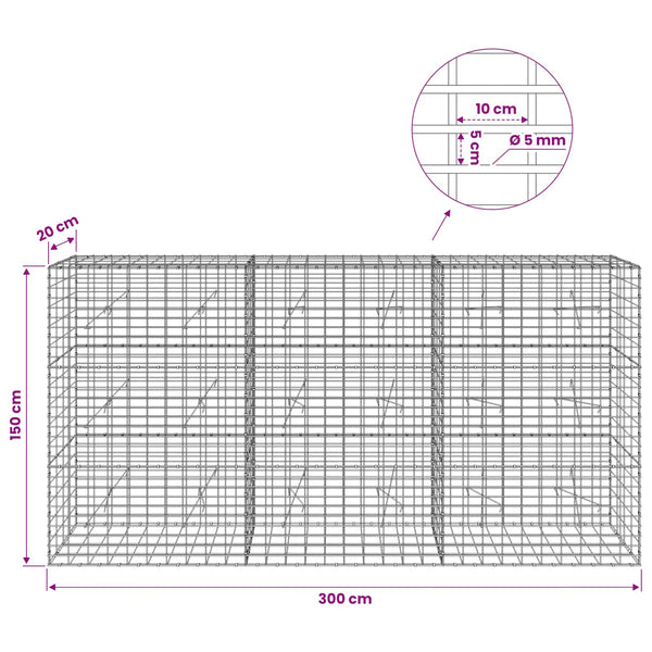 Gabion 5 mm langasta ja 5x10 cm verkosta 300x20x150 cm