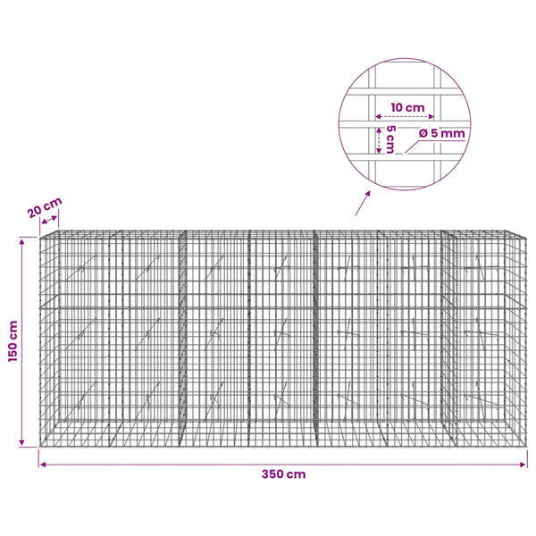 Gabion 5 mm langasta ja 5x10 cm verkosta 350x20x150 cm