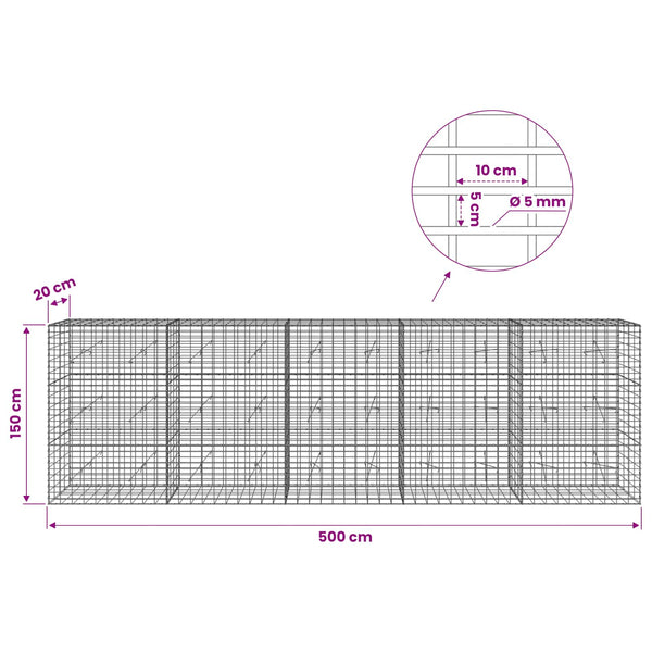 Gabion 5 mm langasta ja 5x10 cm verkosta 500x20x150 cm