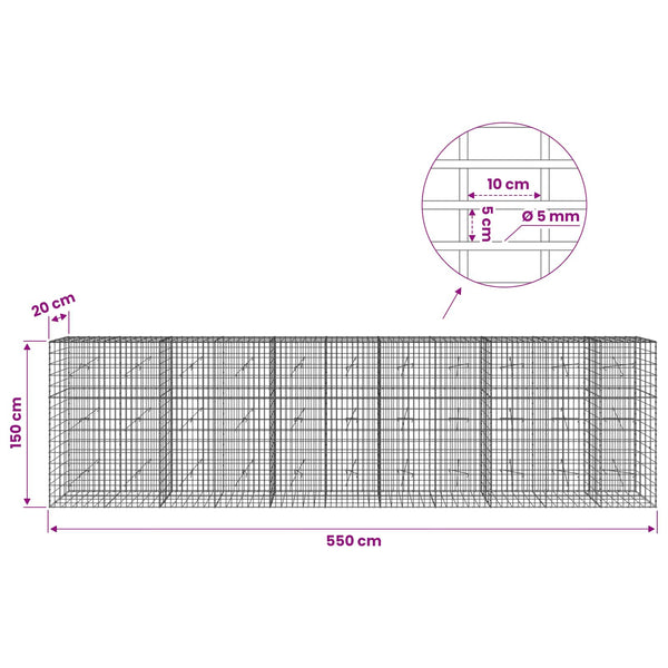 Gabion 5 mm langasta ja 5x10 cm verkosta 550x20x150 cm