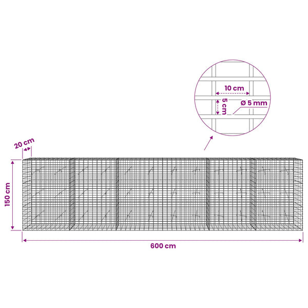 Gabion 5 mm langasta ja 5x10 cm verkosta 600x20x150 cm